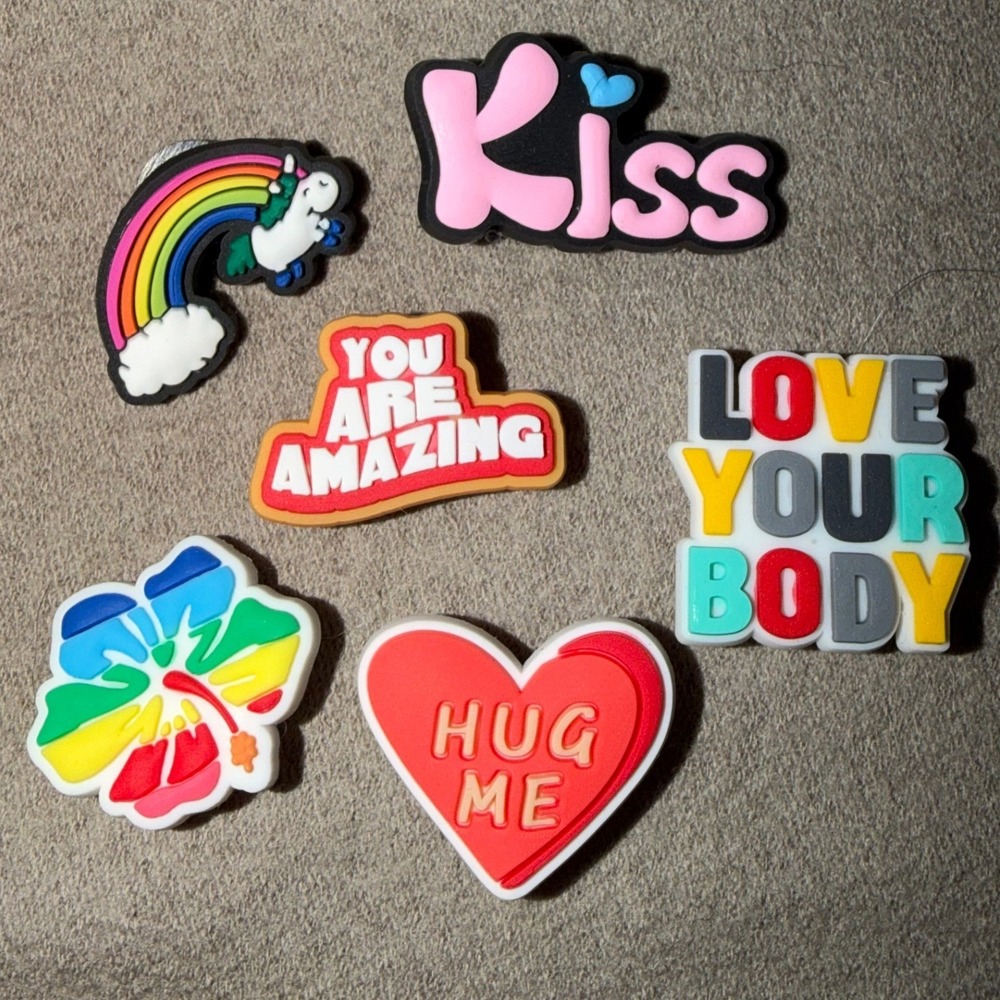 6pc Shoe Charms Set Rainbow Unicorn Kiss Love Your Body Hug Me Heart PVC Clog